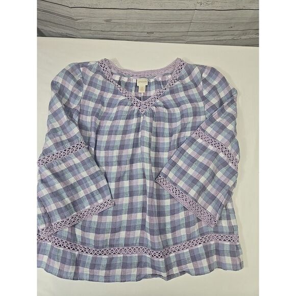 Chico's Tops - Chicos Size 2 Shirt Blue Plaid Linen Blouse V-Neck Loose‎ Bell Sleeve Womens L